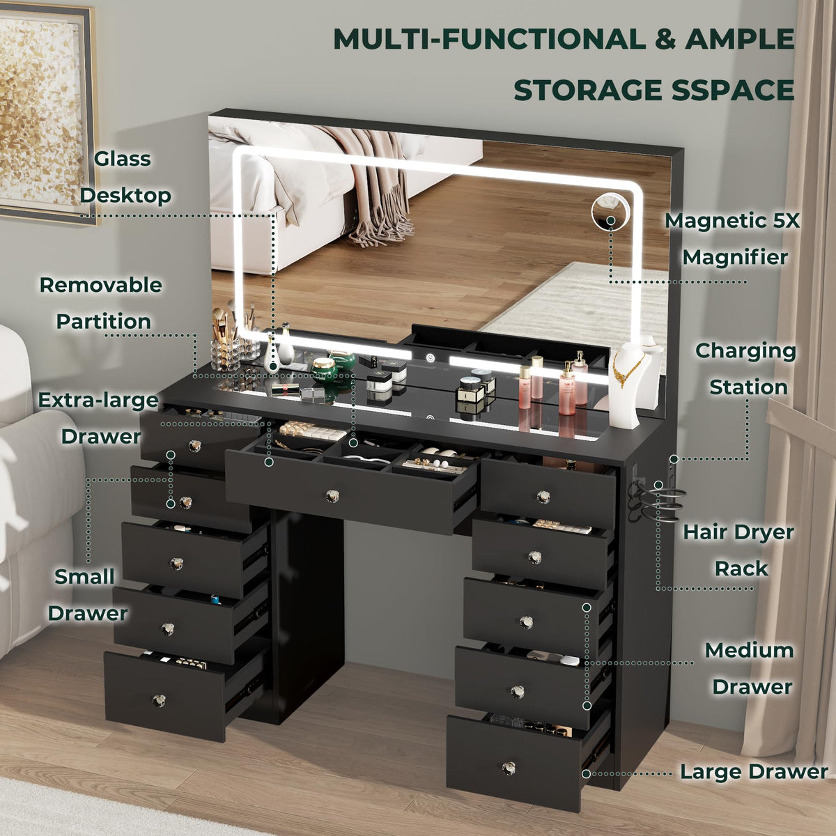 Black 11 Drawer Vanity Desk with Lighted Mirror L632645
