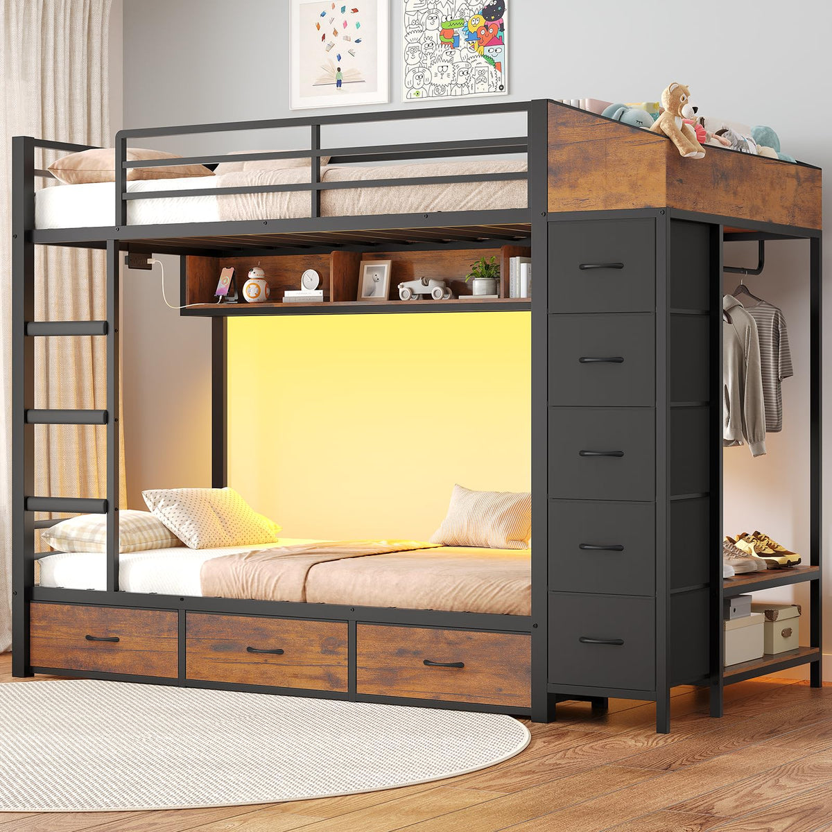 Twin Over Twin Bunk Bed with 8 Storage Drawers and Power Outlets, LED Metal Bunk Bed with Ladder, Black H707
