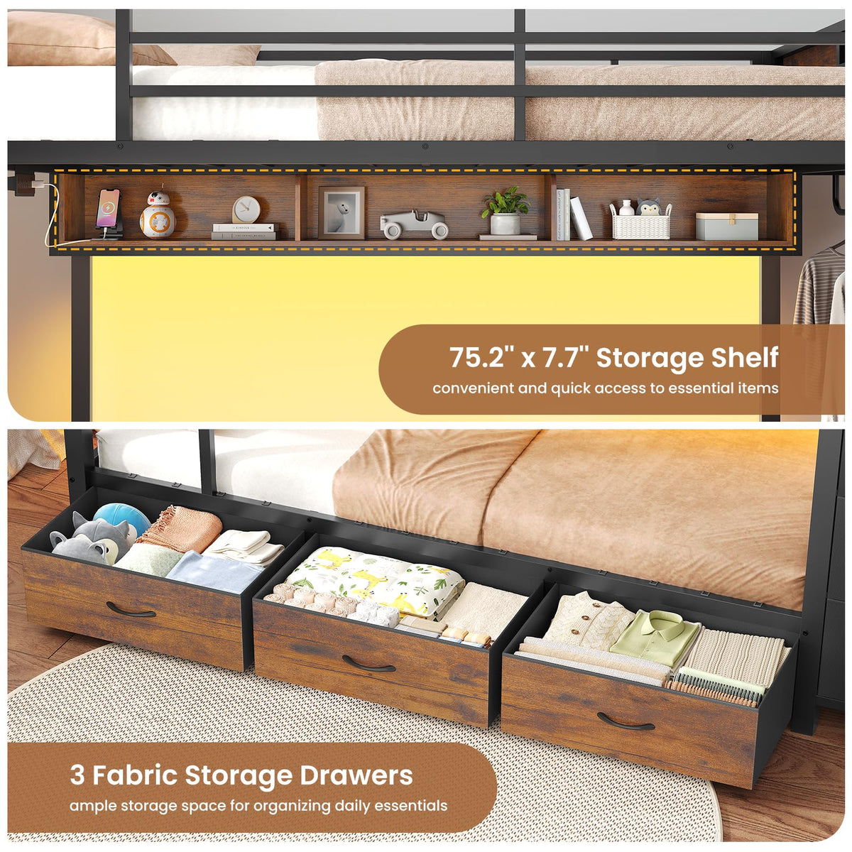 Twin Over Twin Bunk Bed with 8 Storage Drawers and Power Outlets, LED Metal Bunk Bed with Ladder, Black H707