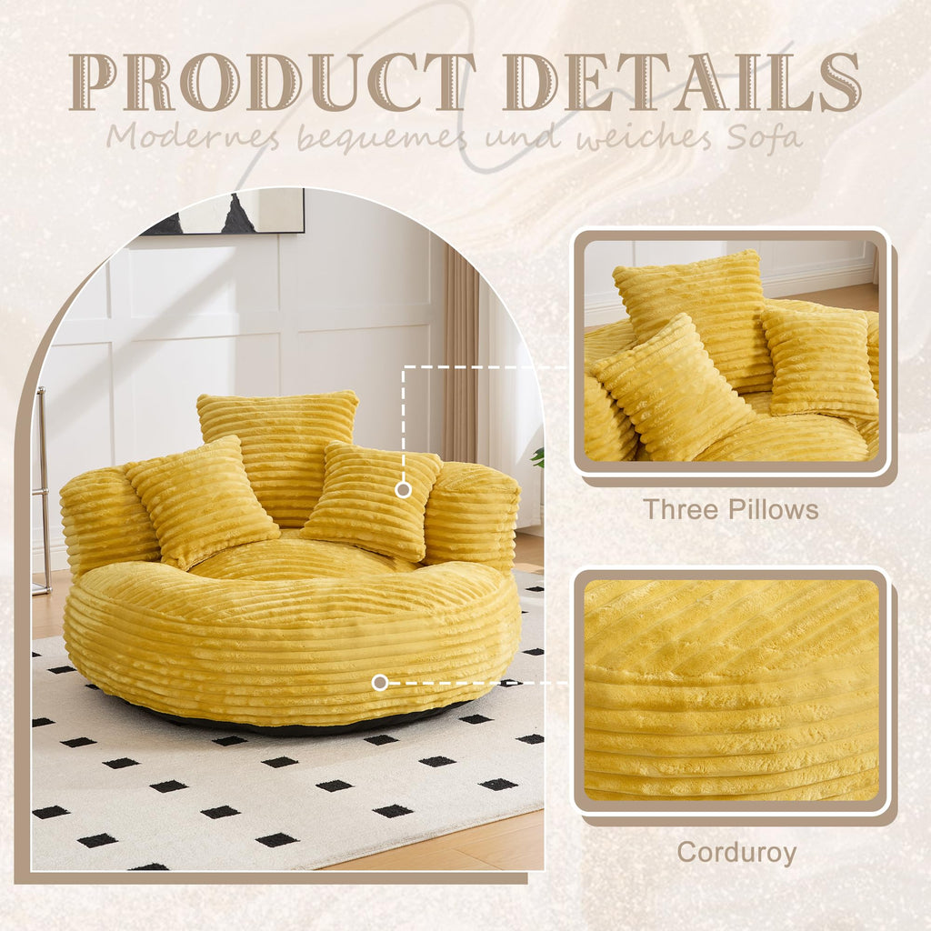 Yellow Corduroy Bean Bag Sofa with 3 Pillows A62265