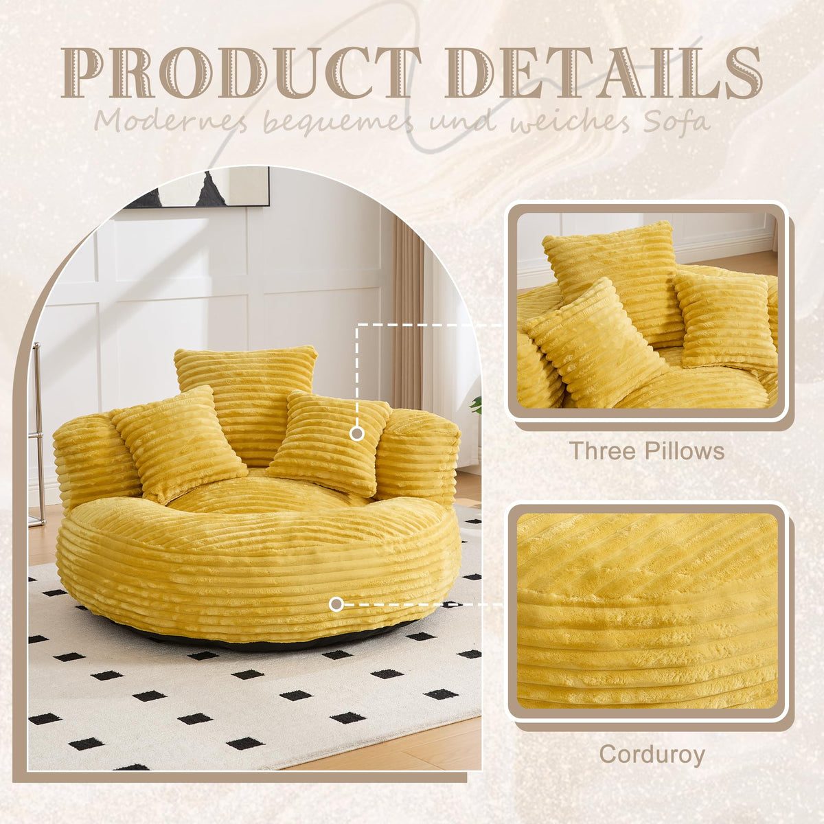 Yellow Corduroy Bean Bag Sofa with 3 Pillows A62265