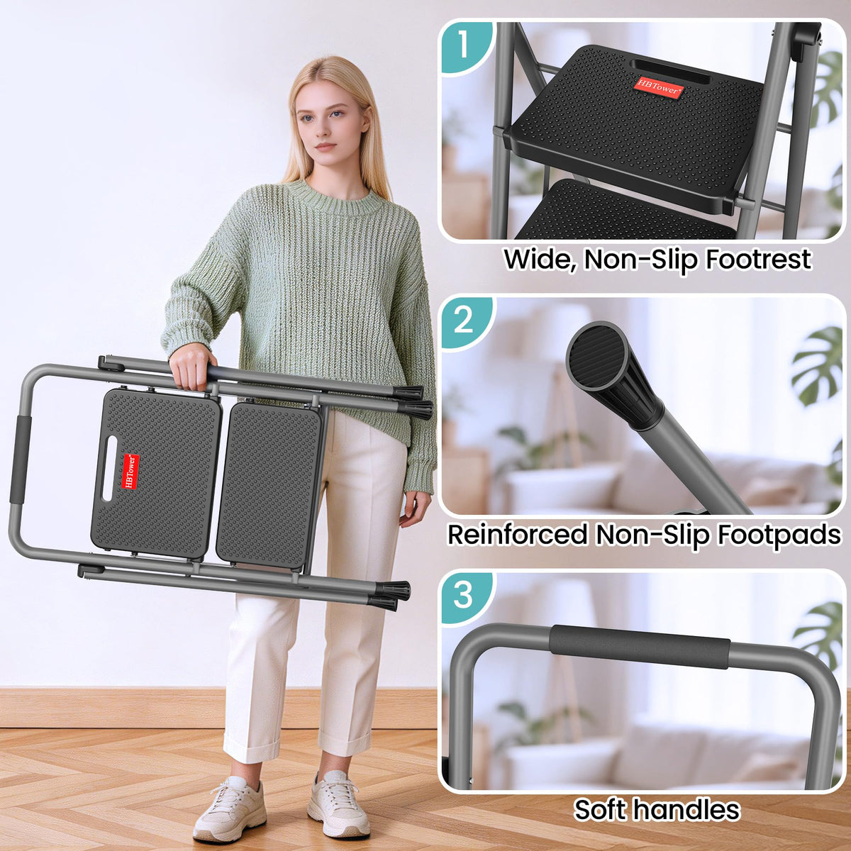 2 Step Folding Step Ladder 300 lbs Capacity with Handrail Gray I524986