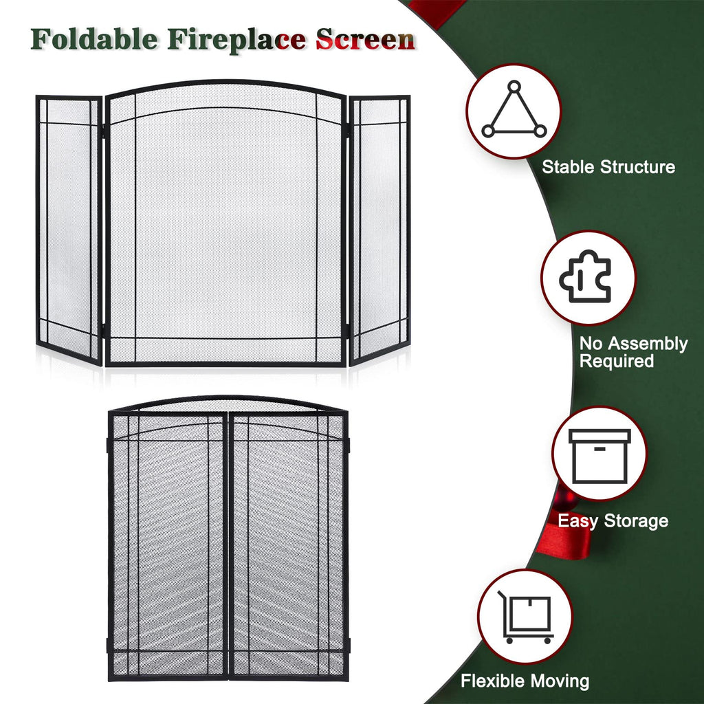 3 Panel 48" W x 29" H Foldable Wrought Metal Decorative Mesh Fireplace Screen R694
