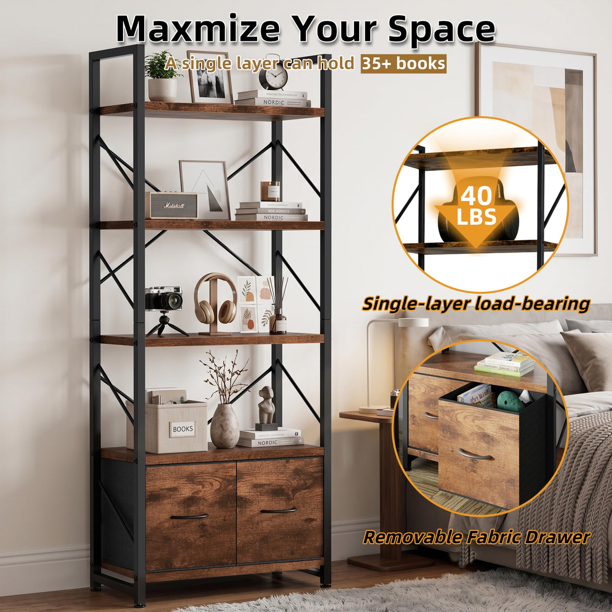 5 Tier Wood Bookshelf with Drawer E7063