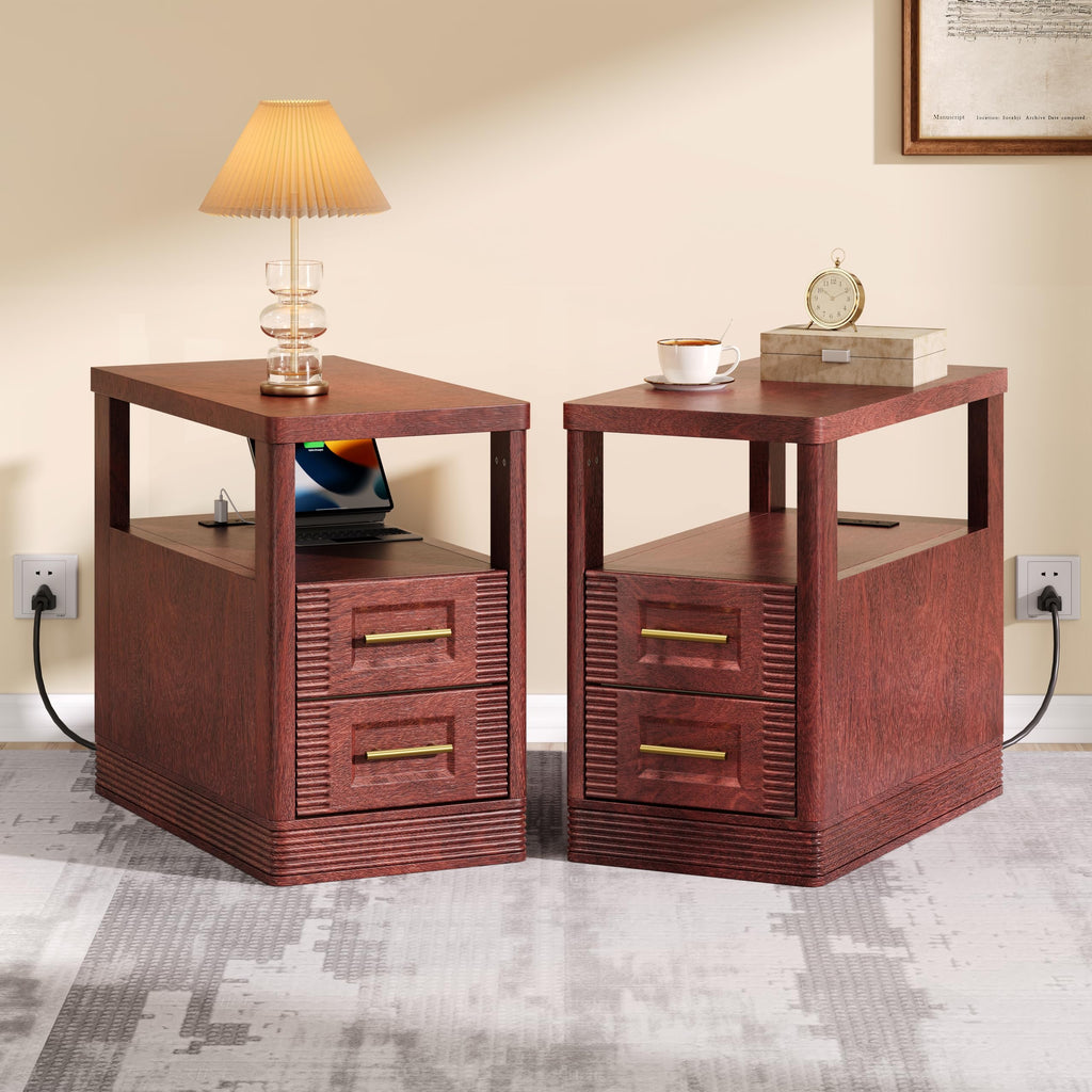 Farmhouse End Table with Charging Station, 2 Storage Drawers V21298