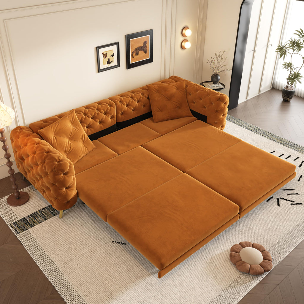 Orange Velvet Convertible Sleeper Sofa with Ottoman Q2713