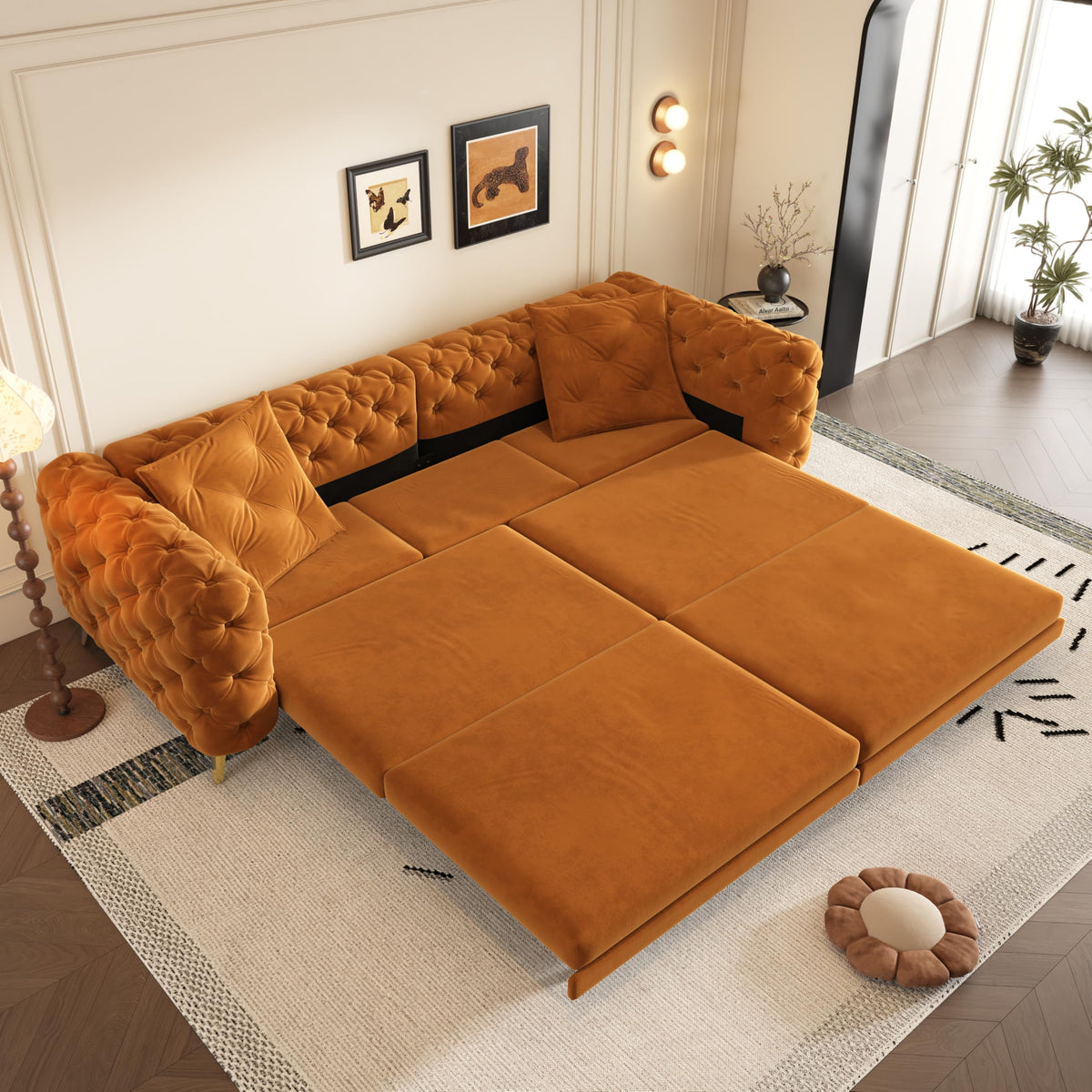 Orange Velvet Convertible Sleeper Sofa with Ottoman Q2713