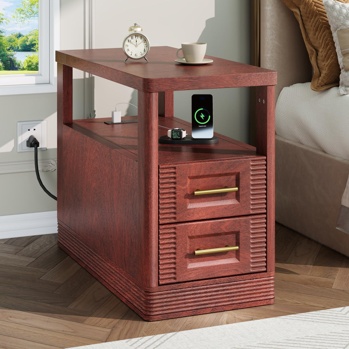 Farmhouse End Table with Charging Station, 2 Storage Drawers V21298