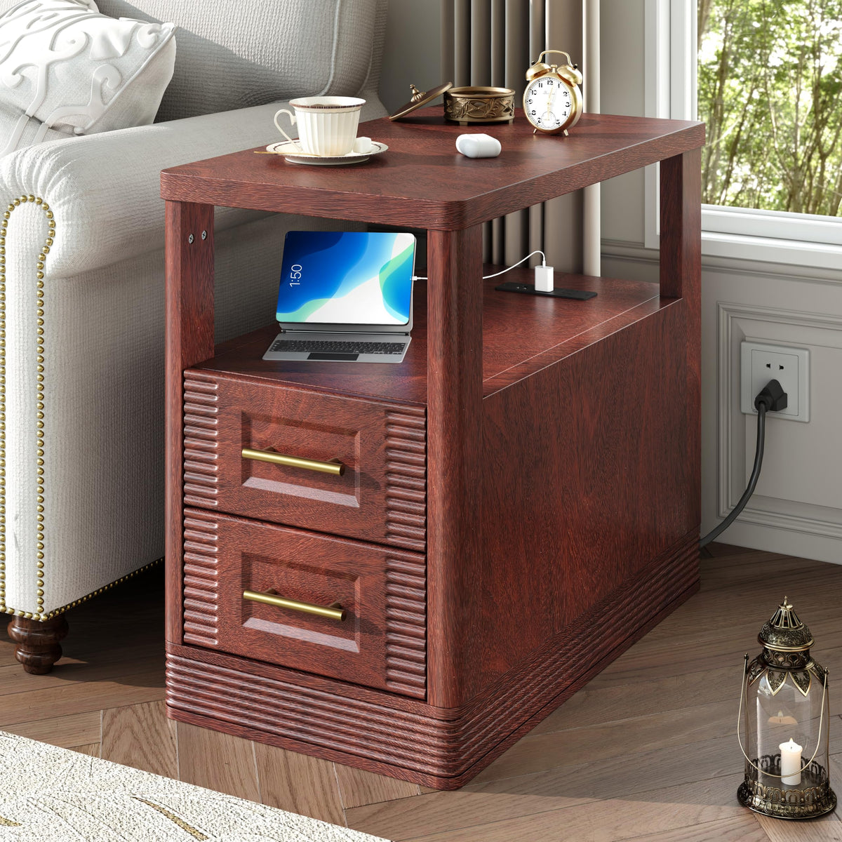 Farmhouse End Table with Charging Station, 2 Storage Drawers V21298