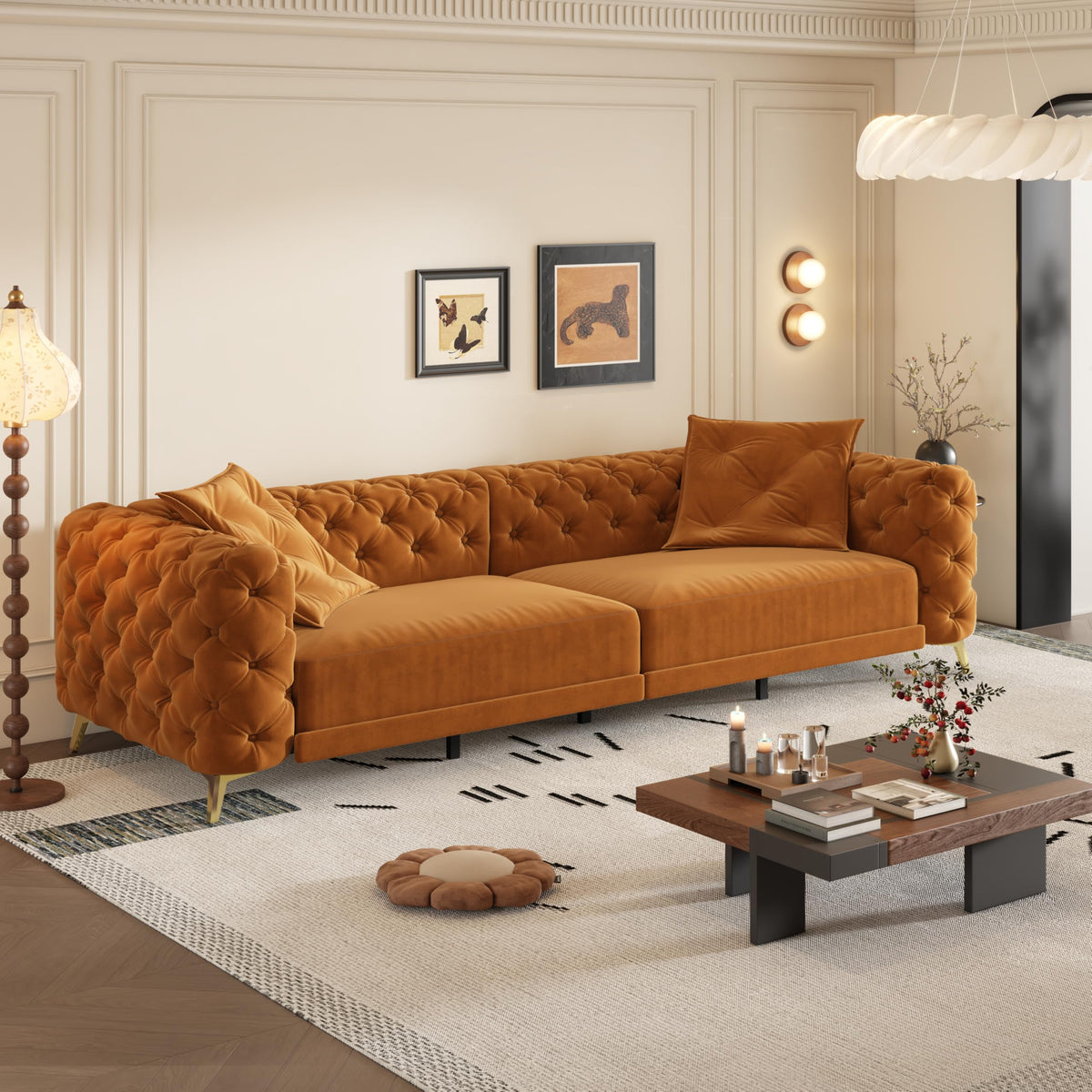 Orange Velvet Convertible Sleeper Sofa with Ottoman Q2713