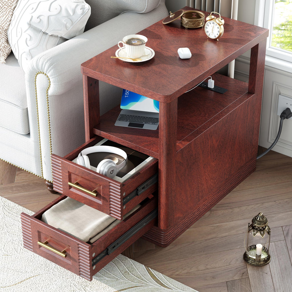Farmhouse End Table with Charging Station, 2 Storage Drawers V21298