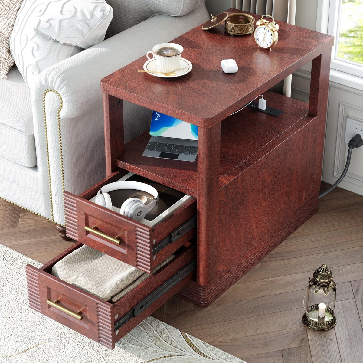Farmhouse End Table with Charging Station, 2 Storage Drawers V21298