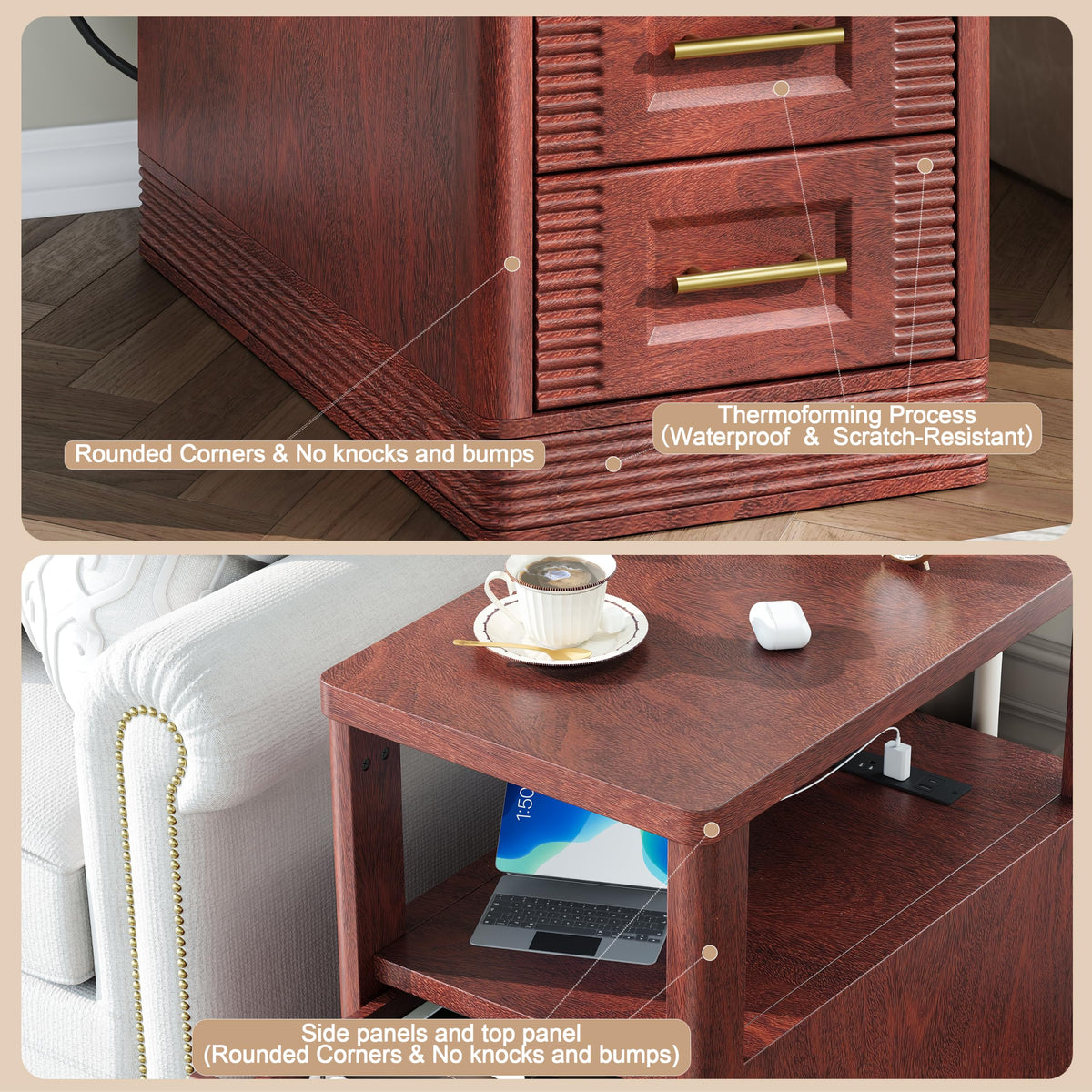 Farmhouse End Table with Charging Station, 2 Storage Drawers V21298