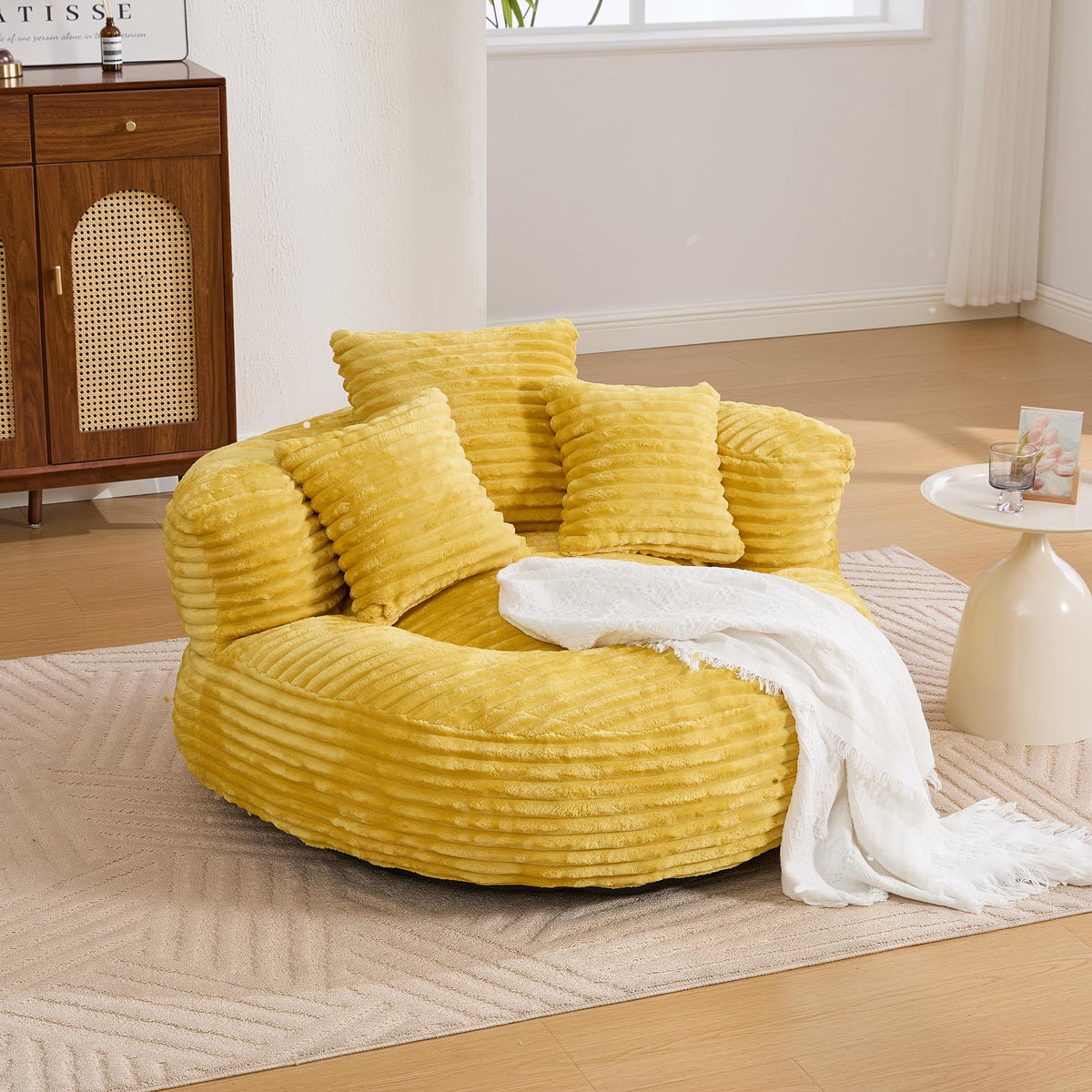 Yellow Corduroy Bean Bag Sofa with 3 Pillows A62265